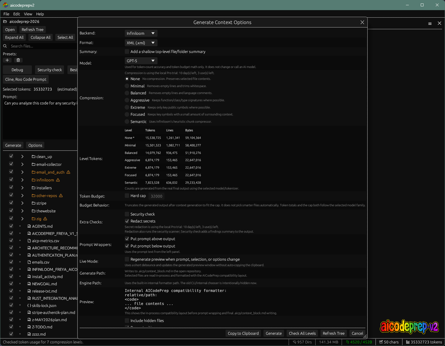 AICodePrep v2 compression and context generation options
